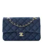 Printed Denim Quilted Medium Double Flap Dark Blue