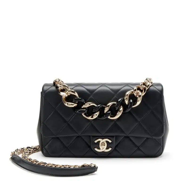 Black Quilted Lambskin Small Elegant Flap Bag Resin and Gold Hardware