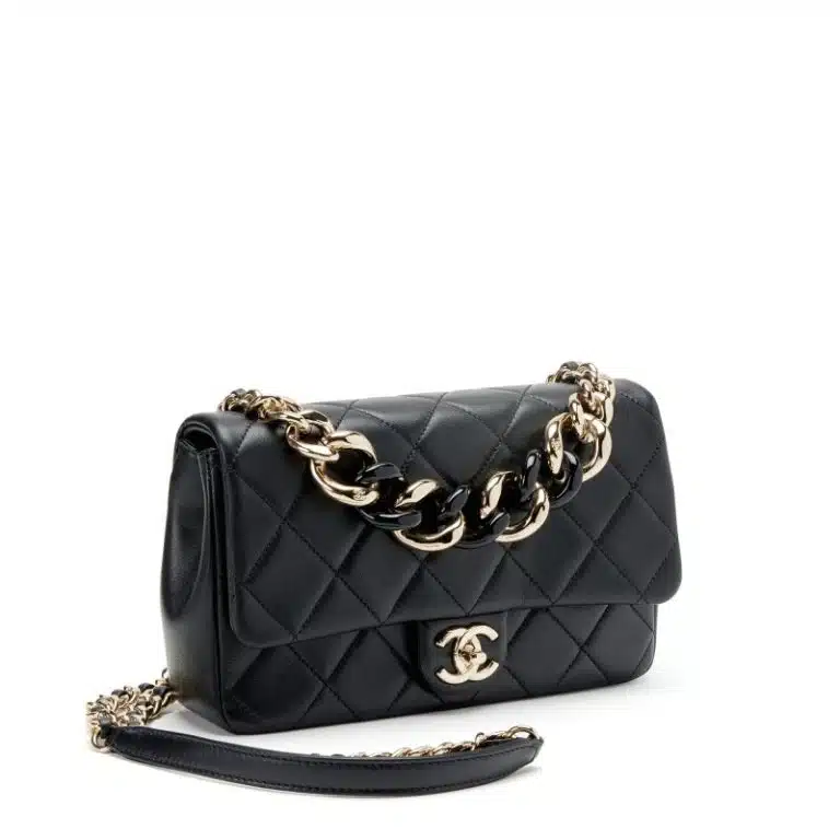 Black Quilted Lambskin Small Elegant Flap Bag Resin and Gold Hardware - Image 2