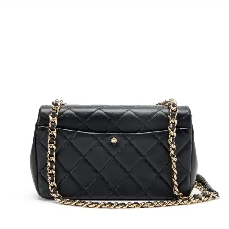 Black Quilted Lambskin Small Elegant Flap Bag Resin and Gold Hardware - Image 4