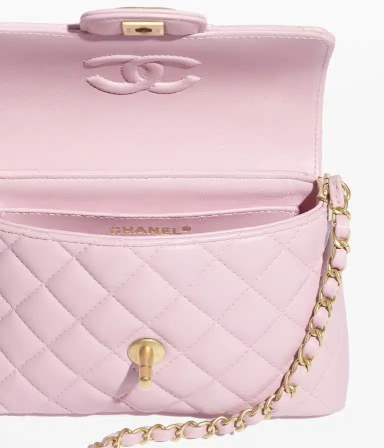 CHANEL Small Flap Bag with Top Handle – Pink Quilted Lambskin & Gold Hardware - Image 3