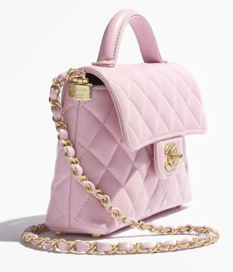 CHANEL Small Flap Bag with Top Handle – Pink Quilted Lambskin & Gold Hardware - Image 4