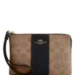 Tan Striped Signature Wristlet Pouch