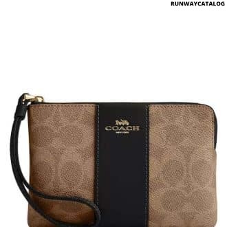 Tan Striped Signature Wristlet Pouch