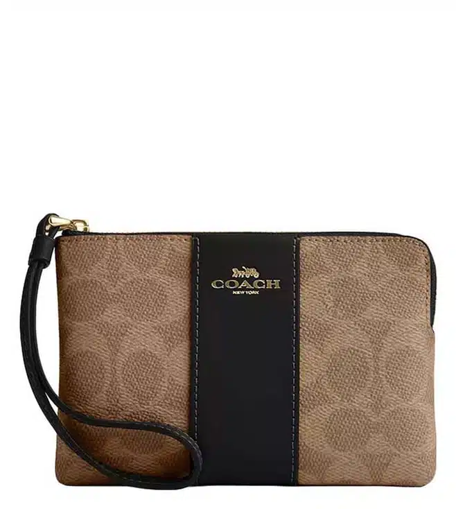 Tan Striped Signature Wristlet Pouch