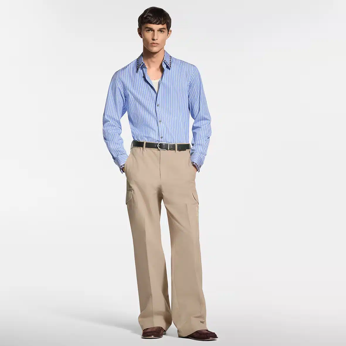 Bead-Embroidered Long-Sleeved Striped Shirt