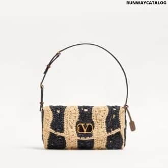 Valentino Garavani Devain Small Shoulder Bag In Raffia With Wave Pattern