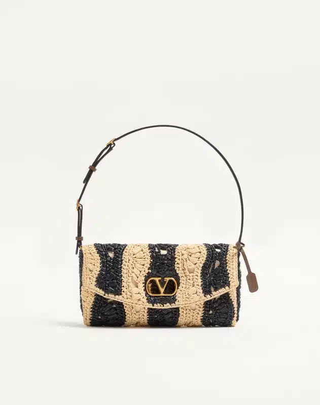 Valentino Garavani Devain Small Shoulder Bag In Raffia With Wave Pattern