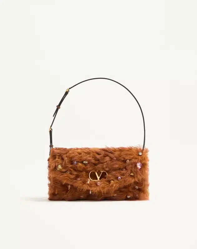 Valentino Garavani Devain Small Shoulder Bag In Lamb Fur With Rhinestones.