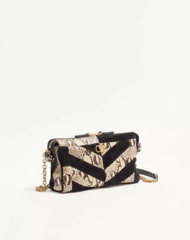 Valentino Garavani Panthea Small Shoulder Bag In Python And Suede With A Chevron Pattern