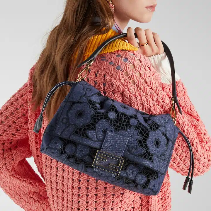 Mamma Baguette Medium Dark blue Floral À Jour denim bag - Image 2