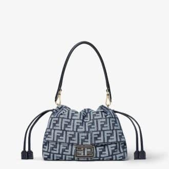 Mamma Baguette Medium Dark blue denim-effect FF jacquard bag