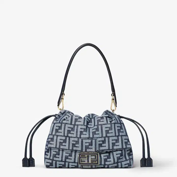 Mamma Baguette Medium Dark blue denim-effect FF jacquard bag