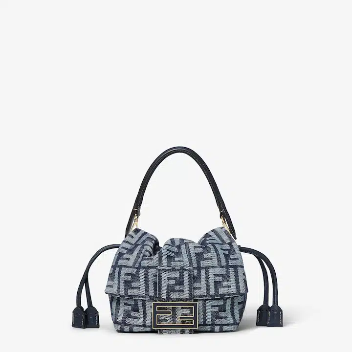 Mamma Baguette Small Dark blue denim-effect FF jacquard mini-bag