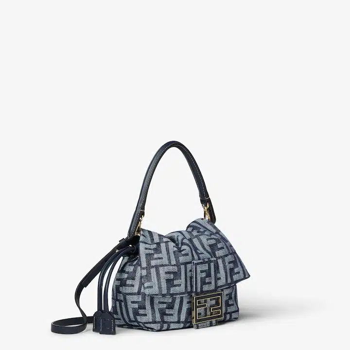 Mamma Baguette Small Dark blue denim-effect FF jacquard mini-bag - Image 3
