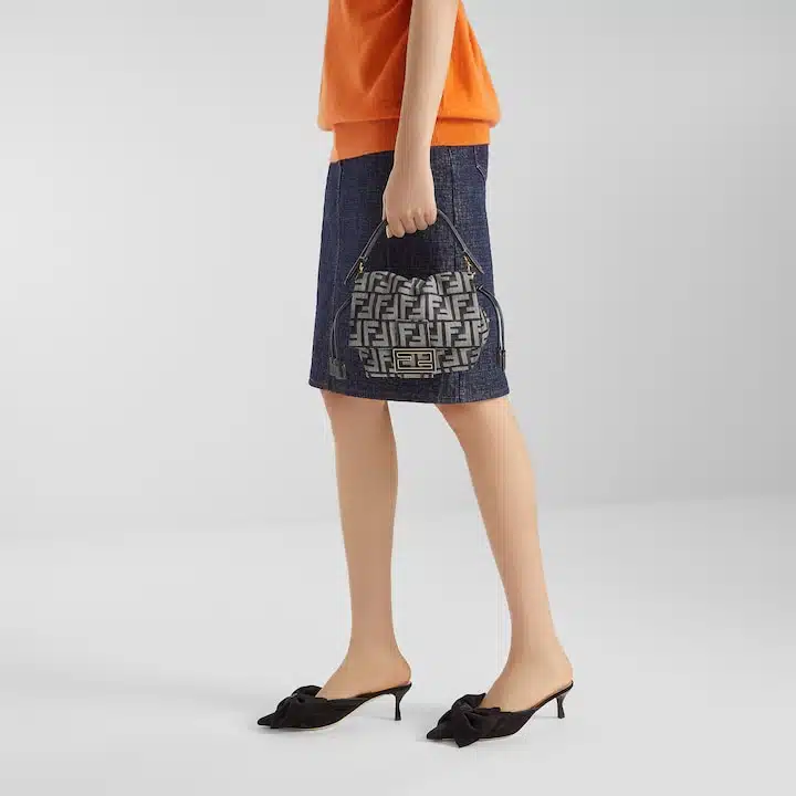 Mamma Baguette Small Dark blue FF flocked denim mini-bag - Image 3