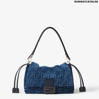 Mamma Baguette Medium Blue flocked FF denim bag